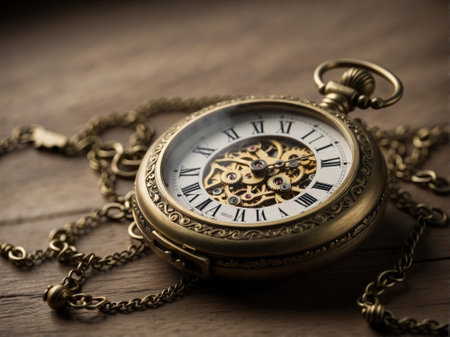 Vintage pocket watch on wooden background. Time is money concept.の素材