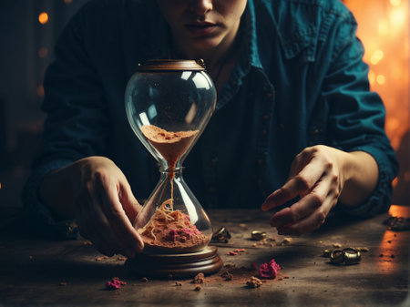 Young man is looking at an hourglass with sand. The concept of time managementの素材