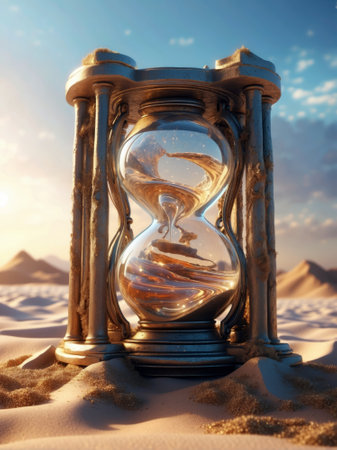 Magical sandglass in the desert. Time concept. 3D rendering.の素材