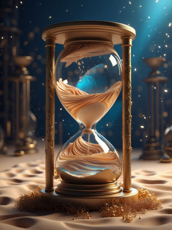 Hourglass with sand creates beautiful patterns on the background of the night skyの素材
