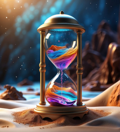 Fantastical hourglass with colorful sand on the background of an ancient temple. 3d renderingの素材