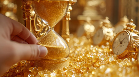 Hand touching golden hourglass with crystals and luxury items in the background. Time is money concept.の素材