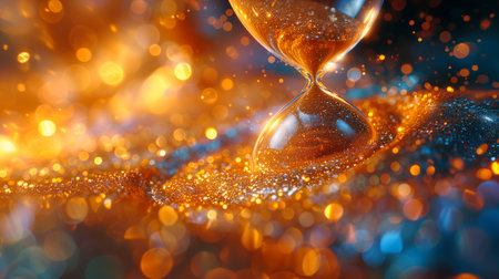 Golden hourglass with water drops on bokeh background. 3D renderingの素材