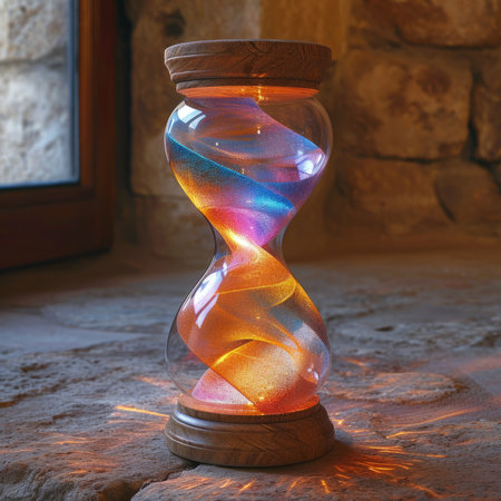 Magical Hourglass on a stone floor, close-up. Concept of time.の素材