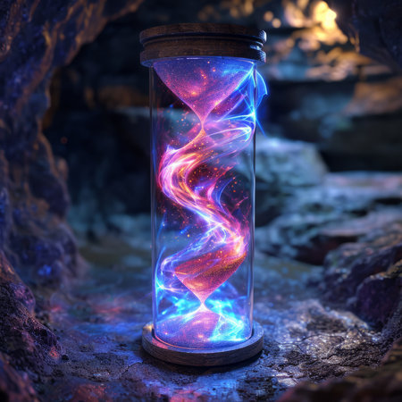 3D rendering of hourglass with colorful abstract light inside, close-upの素材