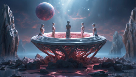 3d illustration of a red planet in space with alien figures around it.の素材