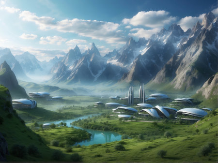 Fantasy alien planet with city. Mountain and lake. 3D illustration.の素材
