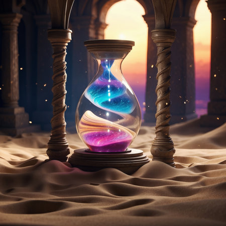Hourglass with surreal colorful energy on sand background. Time concept. 3D Renderingの素材