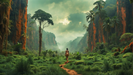 Woman walking in the tropical jungle.の素材