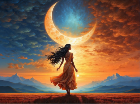 Beautiful woman in a long dress on the background of the moon. Digital painting.の素材