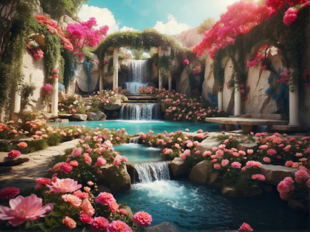 Waterfall in the garden with pink flowers and blue sky background.の素材