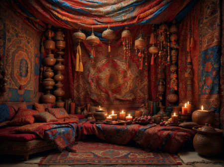 Lanterns, candles and cushions in a traditional roomの素材