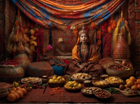 A woman dressed in a traditional Indian costume sitting on the ground surrounded by dried fruits and vegetables.の素材