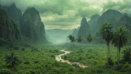 Beautiful landscape of a green valley in the morning fog.の素材