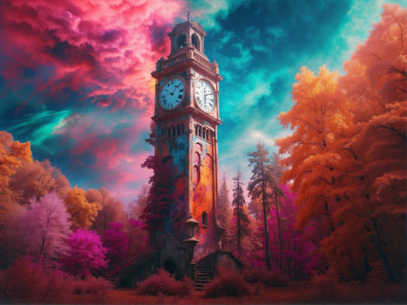 Old clock tower in the autumn forest. Digital painting. Surreal 3d illustrationの素材