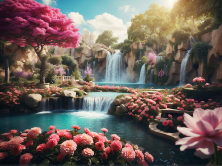 Beautiful landscape with waterfall and blooming flowers in the garden.の素材