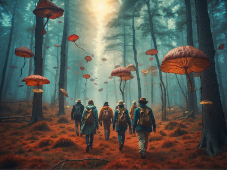 3D rendering of a group of people walking in the fantasy autumn forestの素材