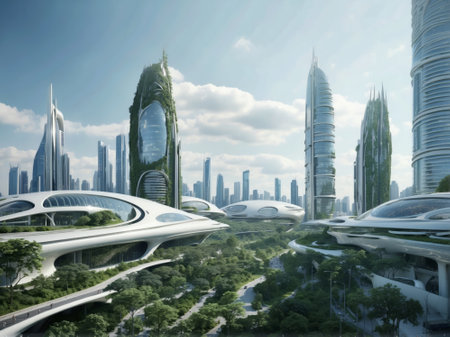 Skyscrapers of a modern utopian city with lots of vegetationの素材