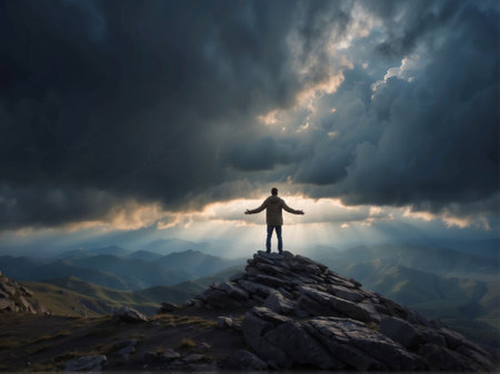 Man standing on top of a mountain looking at the stormy sky. Concept Art.の素材