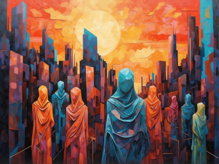 Digital painting of an abstract group of people in front of a big cityの素材