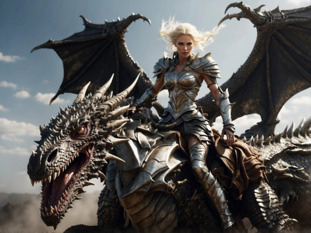 Beautiful princess in a fantasy scene riding on the back of a dragonの素材
