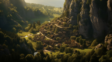 Panoramic view of a small village in the middle of the mountains.の素材