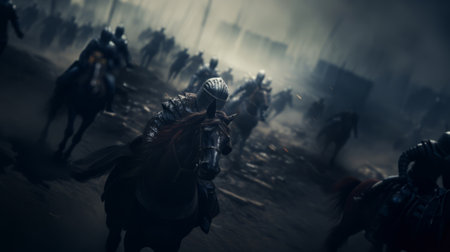 Medieval scene with knights on horseback riding into battle.の素材