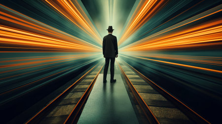 Businessman in the middle of a tunnel with light trails on itの素材