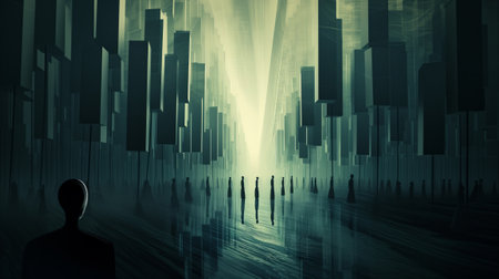People in front of a cityscape with light rays. Abstract 3D renderingの素材