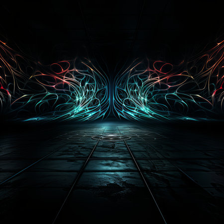 Dark futuristic empty room with glowing neon lines. 3d render illustrationの素材