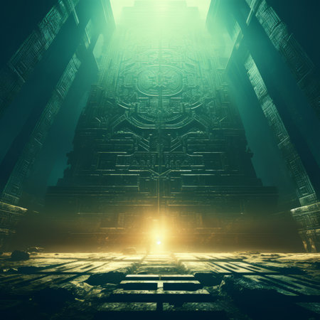 Interior of ancient technology temple, Fantasy 3d render.の素材