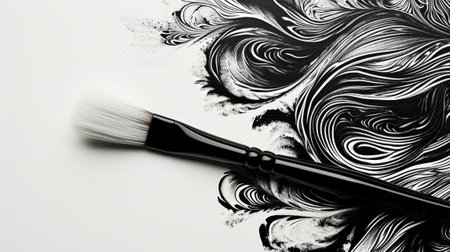 Black and white brush on a black and white painted background. Top view.の素材