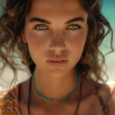 Close up portrait of a beautiful young woman with curly hair and green eyesの素材