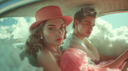 Portrait of a beautiful young couple in a car. Retro style.の素材