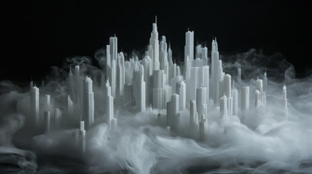 Abstract 3d illustration of futuristic city with high skyscrapers in fogの素材