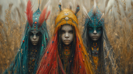 Portrait of three beautiful women in abstract carnival costumes in the fieldの素材