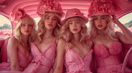 beautiful girls in pink dresses and hats posing in a retro carの素材