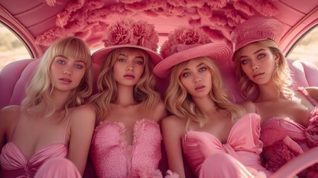 beautiful girls in pink dresses and hats sitting in a pink carの素材