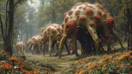 3d rendering of a fantasy landscape with a group of aliens in the forestの素材