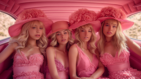 beautiful blonde girls in pink dresses and hats sitting in the carの素材