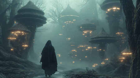Mystical dark forest with fog and a witch in a black cloakの素材