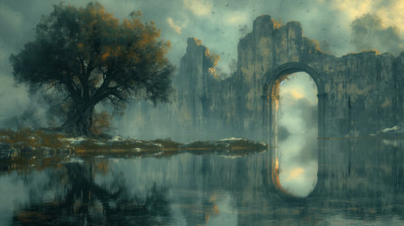 Digital painting of a tree in the middle of a lake with a bridge in the backgroundの素材