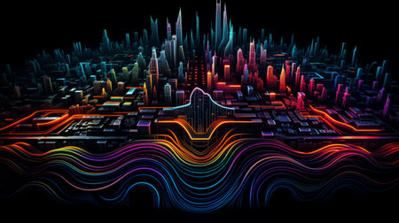 Abstract city background with glowing neon lines. 3D Rendering.の素材