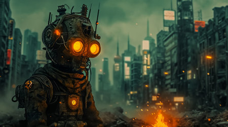 Cyborg in a gas mask in a burning city at night. 3D rendering.の素材