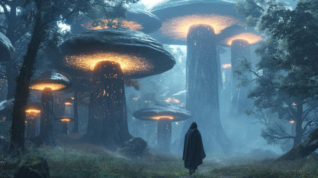 Mysterious forest with mushrooms and a man in a dark cloakの素材