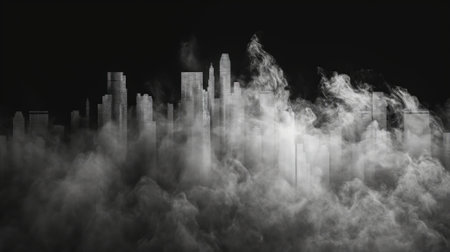 City from white smoke. 3D illustration.の素材