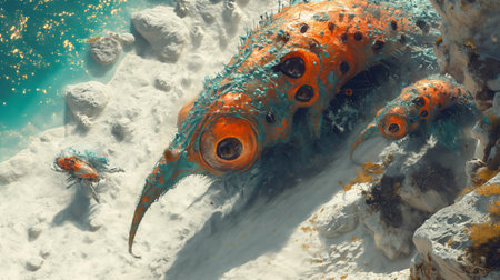 Abstract alien creature on the beach of a foreign planet. 3d illustration.の素材