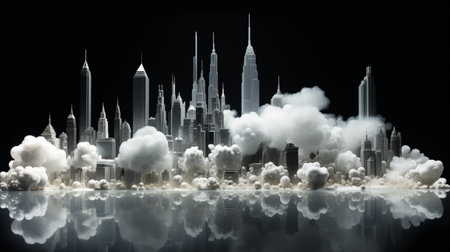 Fantasy city in mystic white smoke. 3d illustration.の素材