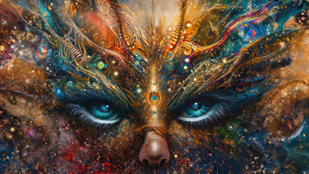 Mysterious woman face with fantasy make-up. Colorful backgroundの素材