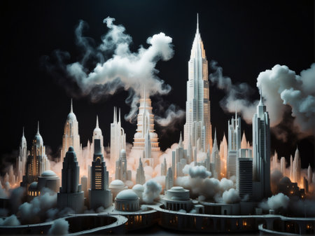 3d illustration of cityscape with skyscrapers and clouds.の素材